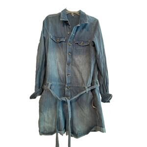 Free People Denim Long Sleeve Romper Jumpsuit Sz M Medium Wash Pockets Waist Tie